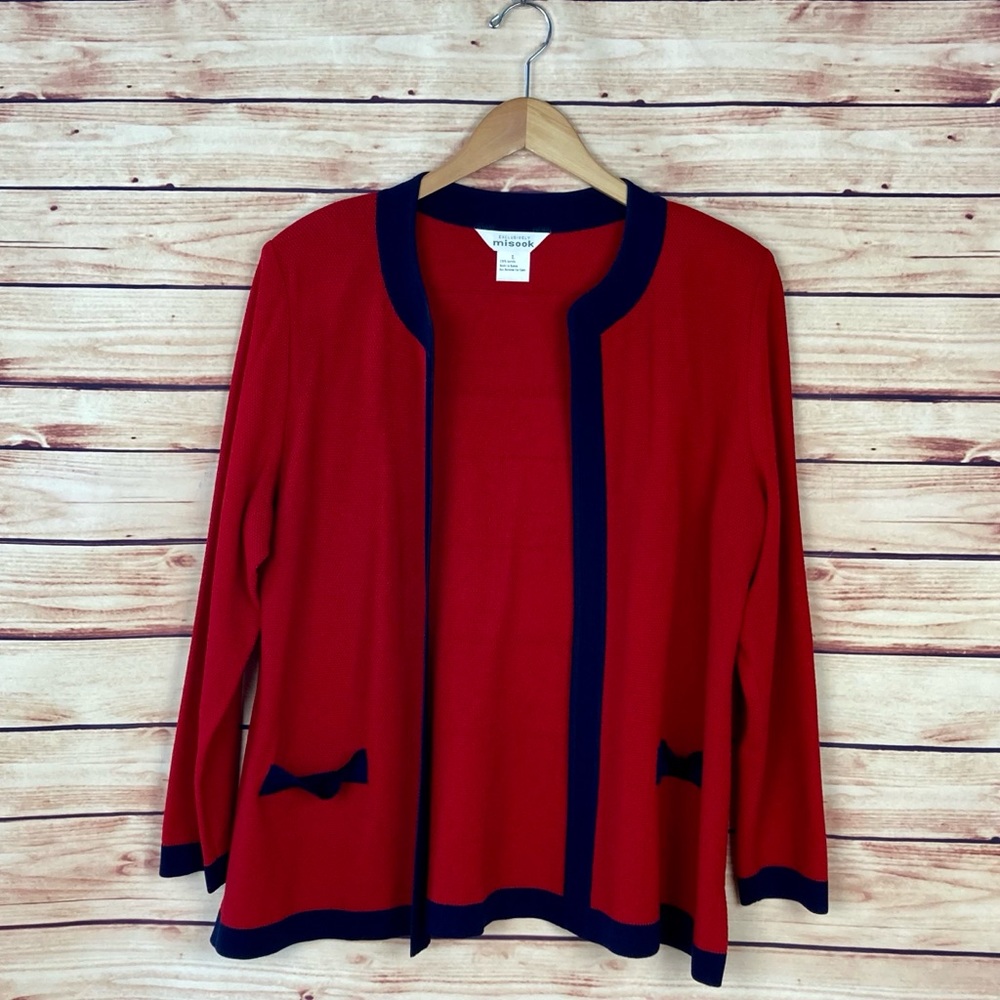 Exclusively Misook Open Front Cardigan Sweater Red Navy Blue Large Long Sleeve